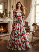 Chiffon V Neck A Line Long Evening Dresses