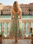 Chiffon Strapless A Line Long Evening Dresses with Flower