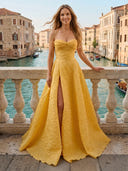 Satin Strapless A Line Long Evening Dresses with Slit