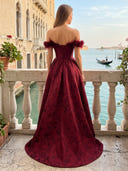 Satin Off Shoulder A Line Long Evening Dresses with Slit