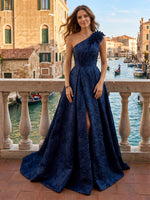 Satin One Shoulder A Line Long Evening Dresses with Slit