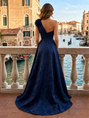 Satin One Shoulder A Line Long Evening Dresses with Slit