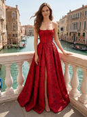 Satin Strapless A Line Long Evening Dresses with Slit