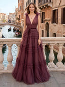 Tulle V Neck A Line Long Evening Dresses with Tiered