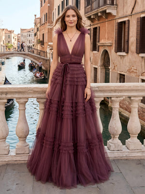 Tulle V Neck A Line Long Evening Dresses with Tiered