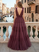 Tulle V Neck A Line Long Evening Dresses with Tiered