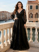 V Neck A Line Floral Evening Dresses with Long Sleeves