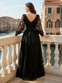 V Neck A Line Floral Evening Dresses with Long Sleeves