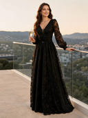 V Neck A Line Floral Evening Dresses with Long Sleeves