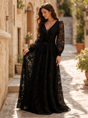 V Neck A Line Floral Evening Dresses with Long Sleeves