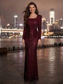 Square Neck Mermaid Sequins Evening Dresses with Sleeves