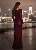 Square Neck Mermaid Sequins Evening Dresses with Sleeves