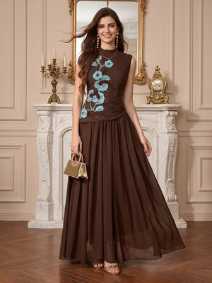 High Neck A Line Chiffon Floral Evening Dresses