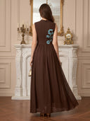 High Neck A Line Chiffon Floral Evening Dresses