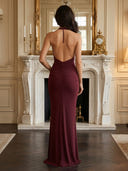 Halter Mermaid Satin Sheath Backless Evening Dresses