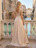 V Neck Satin A Line Glitter Evening Dresses with Slit
