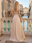V Neck Satin A Line Glitter Evening Dresses with Slit