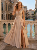 V Neck Satin A Line Glitter Evening Dresses with Slit