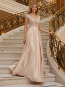 V Neck Satin A Line Glitter Evening Dresses with Slit