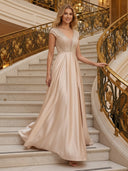 V Neck Satin A Line Glitter Evening Dresses with Slit