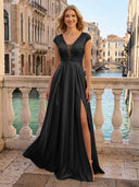V Neck Satin A Line Glitter Evening Dresses with Slit