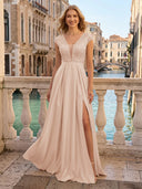 V Neck Satin A Line Glitter Evening Dresses with Slit