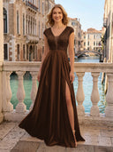 V Neck Satin A Line Glitter Evening Dresses with Slit