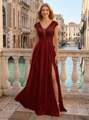 V Neck Satin A Line Glitter Evening Dresses with Slit