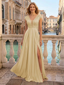 V Neck Satin A Line Glitter Evening Dresses with Slit