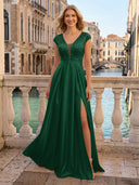 V Neck Satin A Line Glitter Evening Dresses with Slit