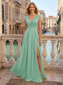 V Neck Satin A Line Glitter Evening Dresses with Slit