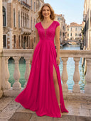 V Neck Satin A Line Glitter Evening Dresses with Slit