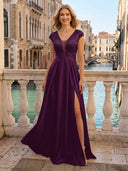 V Neck Satin A Line Glitter Evening Dresses with Slit