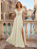 V Neck Satin A Line Glitter Evening Dresses with Slit