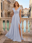 V Neck Satin A Line Glitter Evening Dresses with Slit