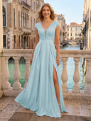 V Neck Satin A Line Glitter Evening Dresses with Slit