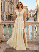 V Neck Satin A Line Glitter Evening Dresses with Slit