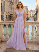 V Neck Satin A Line Glitter Evening Dresses with Slit