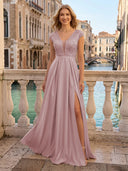 V Neck Satin A Line Glitter Evening Dresses with Slit