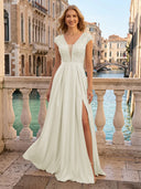 V Neck Satin A Line Glitter Evening Dresses with Slit