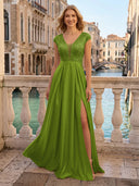 V Neck Satin A Line Glitter Evening Dresses with Slit