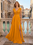V Neck Satin A Line Glitter Evening Dresses with Slit