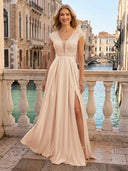 V Neck Satin A Line Glitter Evening Dresses with Slit