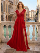 V Neck Satin A Line Glitter Evening Dresses with Slit