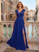 V Neck Satin A Line Glitter Evening Dresses with Slit