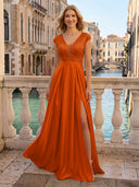 V Neck Satin A Line Glitter Evening Dresses with Slit