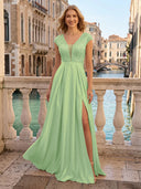 V Neck Satin A Line Glitter Evening Dresses with Slit