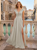 V Neck Satin A Line Glitter Evening Dresses with Slit