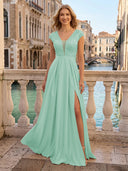 V Neck Satin A Line Glitter Evening Dresses with Slit