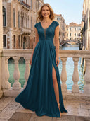 V Neck Satin A Line Glitter Evening Dresses with Slit